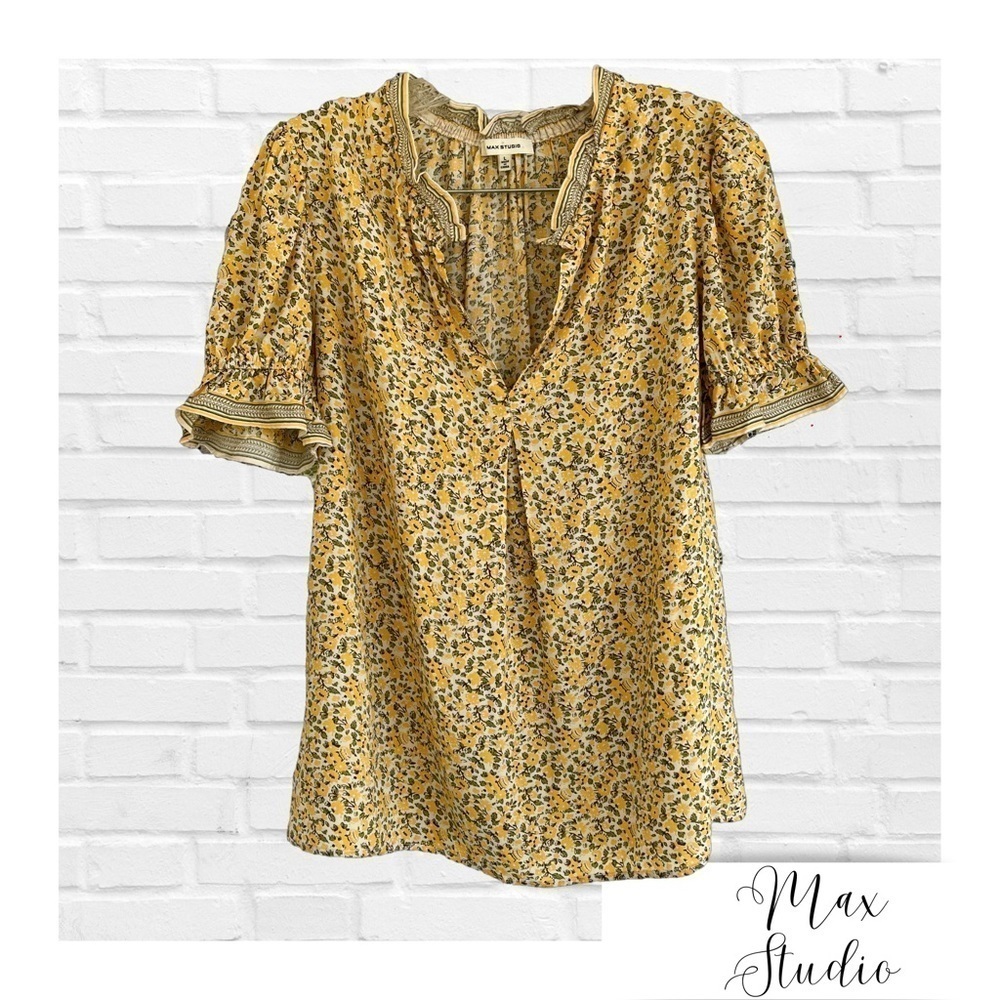 Max Studio Lg Floral Cottagecore Romantic Coastal Cowgirl Ruffle Butter Yellow